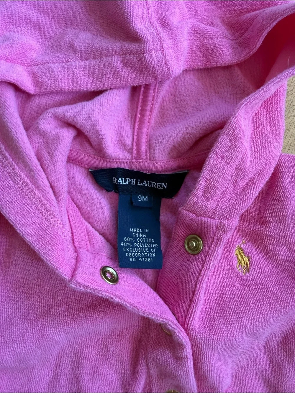 Ralph Lauren Pink Hooded Terry Snap Front Coverup Dress Swim Size 9months